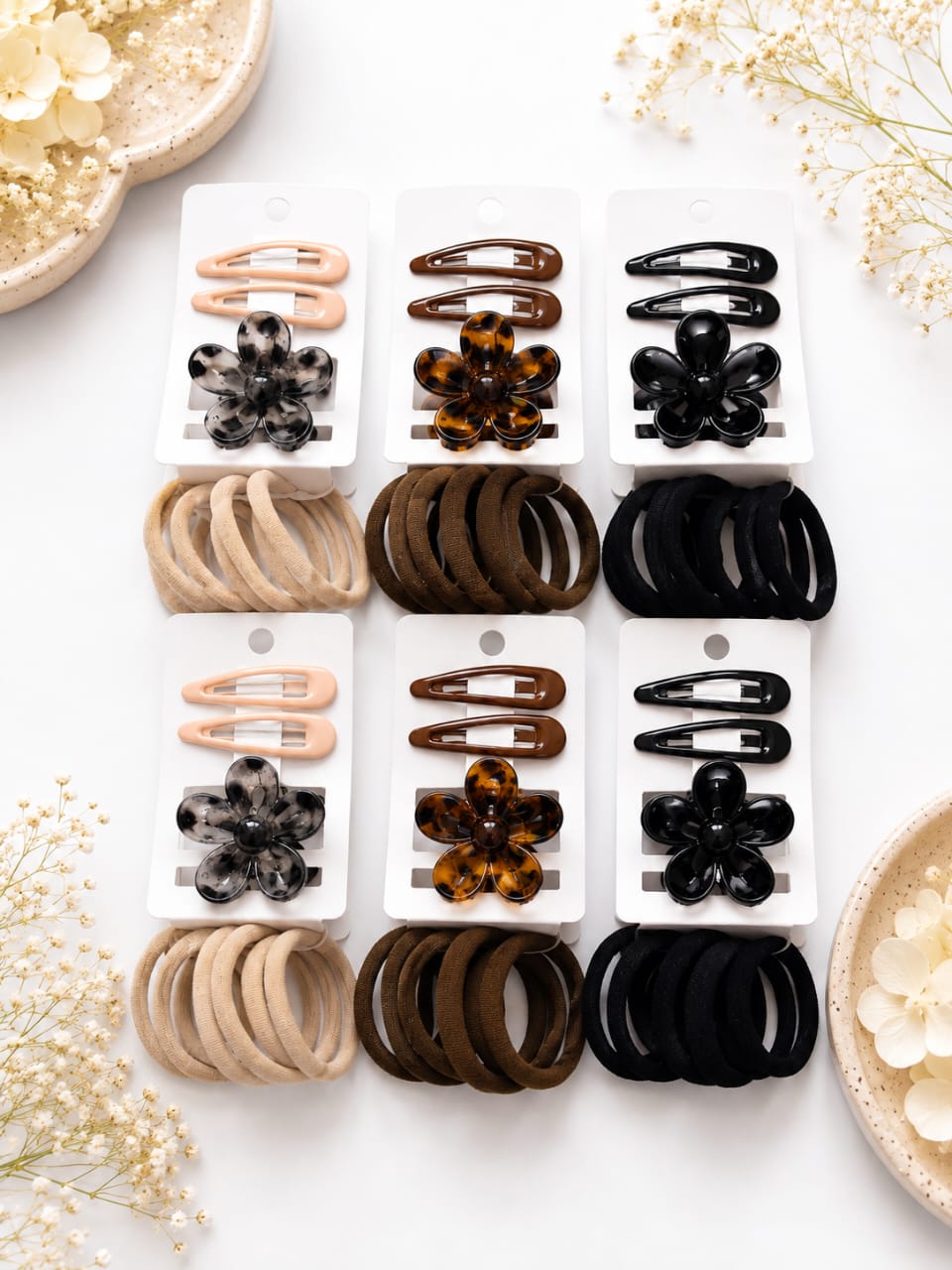 Flower Claw Clip and Elastic Hair Tie Combo Set.