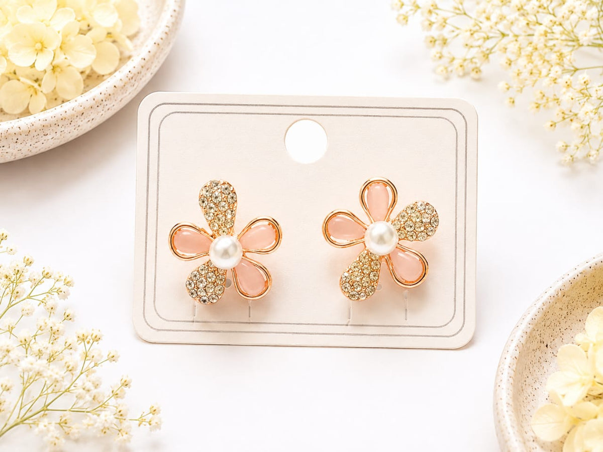 Korean Peach Flower Pearl Stud Earrings
