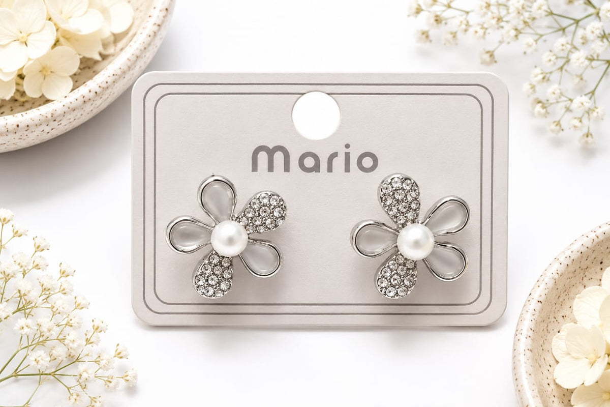 Korean Peach Flower Pearl Stud Earrings
