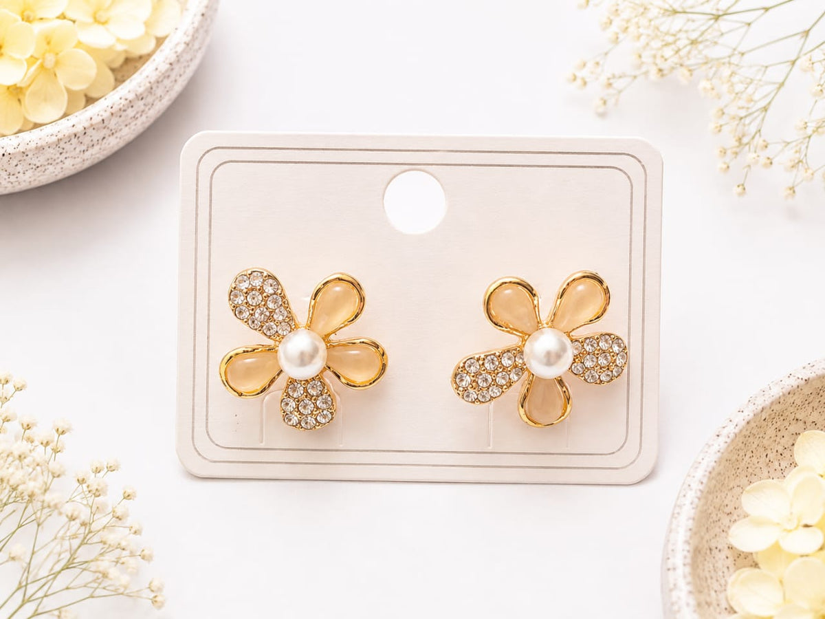 Korean Peach Flower Pearl Stud Earrings