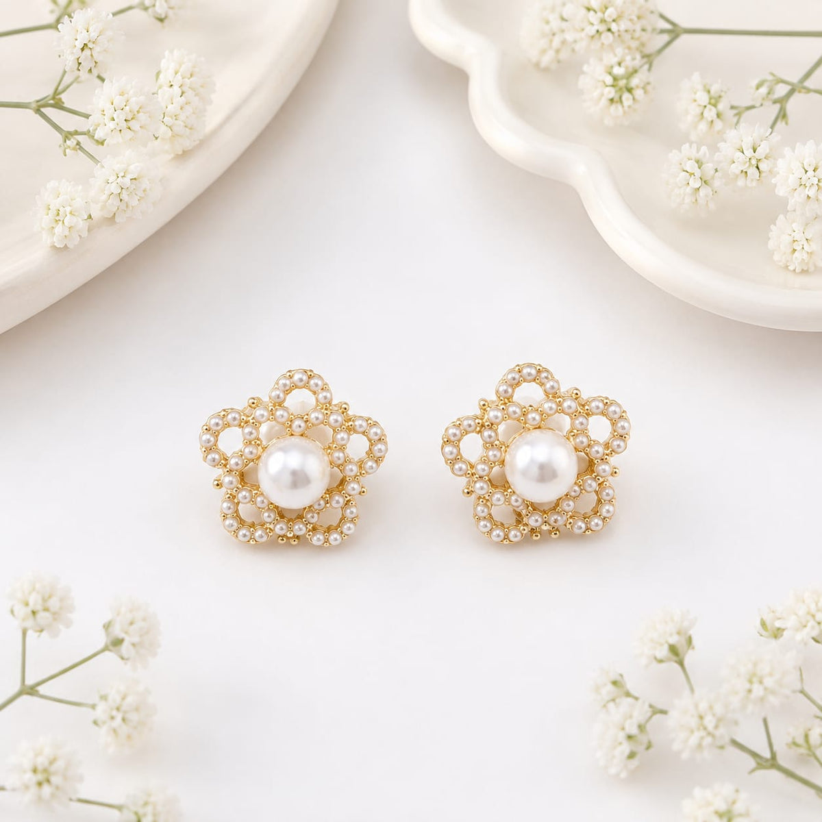 Korean Pearl Floral Stud Earring