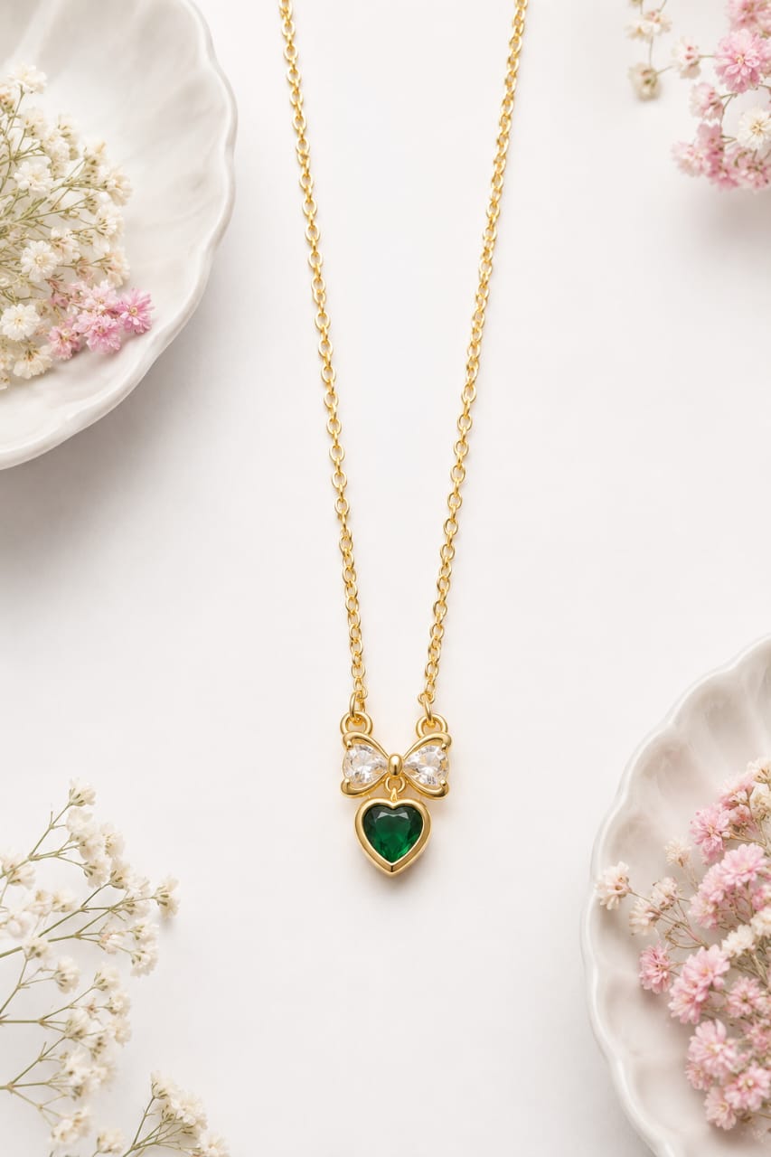 Anti-Tarnish Crystal Bow Emerald Heart Necklace