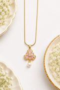 Pink Crystal Clover Blossom & Pearl Drop Pendant Necklace