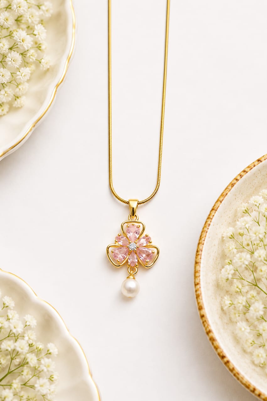 Pink Crystal Clover Blossom & Pearl Drop Pendant Necklace