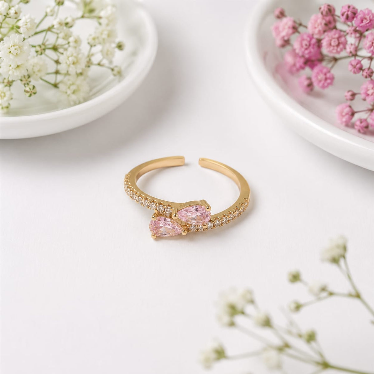 Anti-tarnish Pink Double Pear Crystal Adjustable Bypass Ring