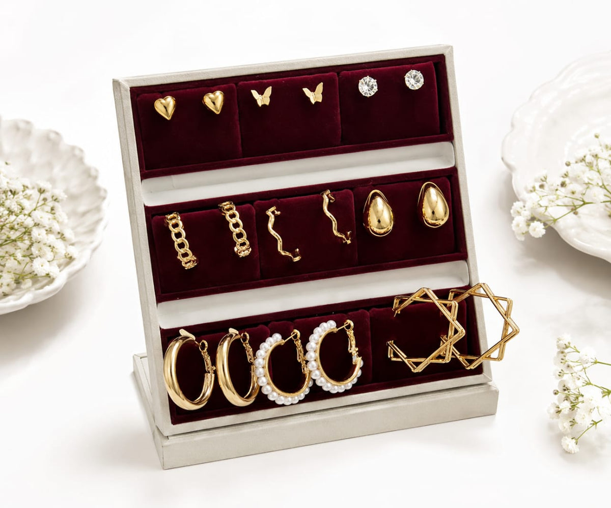 9 Pairs Assorted Hoop and Stud Earrings Set
