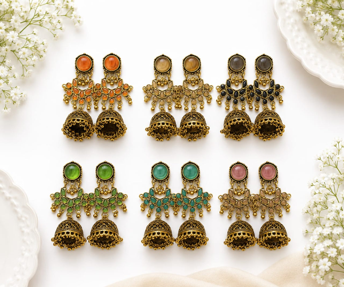 Assorted Multi-Color Antique Gold Jhumka