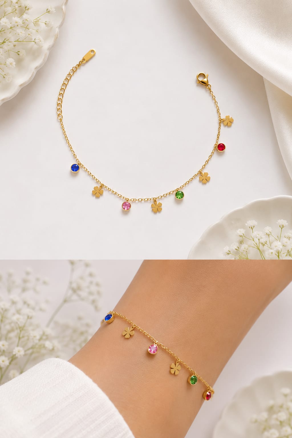 Anti-tarnish Rainbow Crystal & Four-Leaf Clover Charm Bracelet