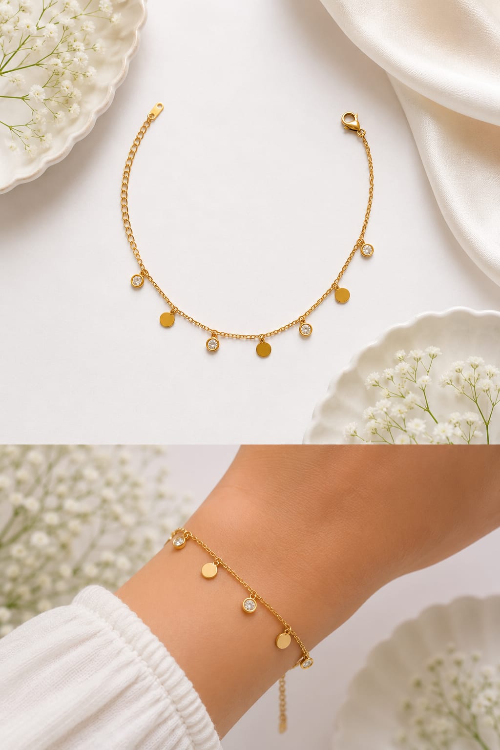 Anti-tarnish Gold Disc & Solitaire Crystal Charm Bracelet