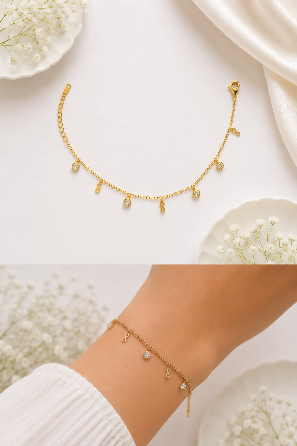 Anti-tarnish Gold Infinity & Solitaire Crystal Charm Bracelet