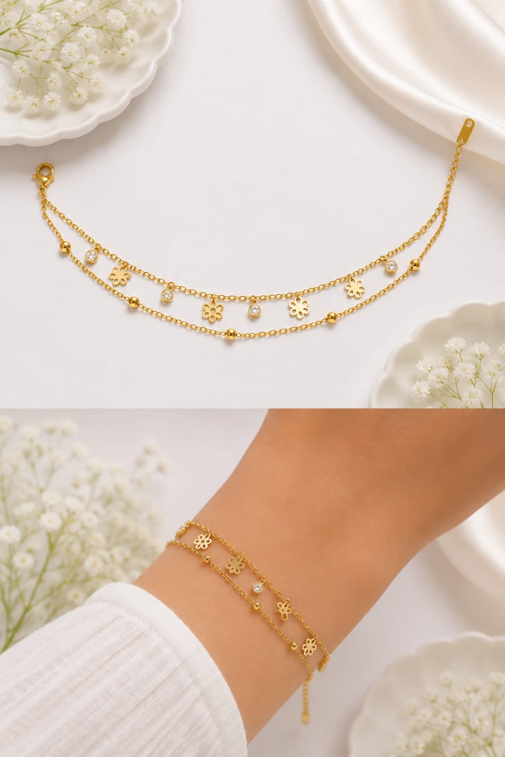 Gold-Plated Anti-Tarnish Floral Stacking Layered Bracelet