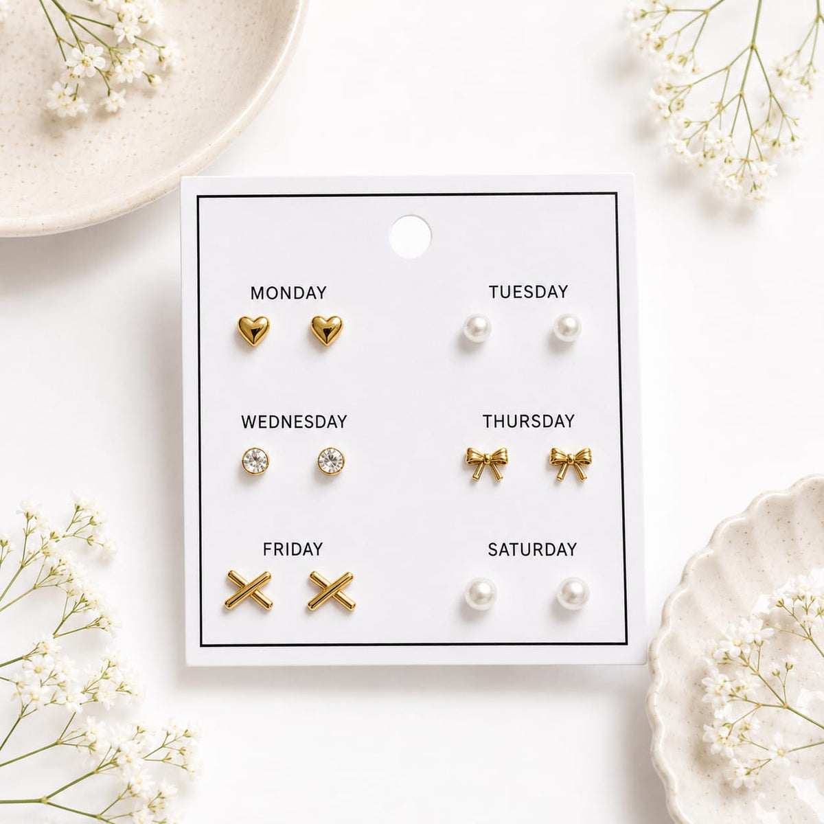 6-Pair Days of the Week Minimalist Gold Stud Earring Set 6 (Bows and Hearts)