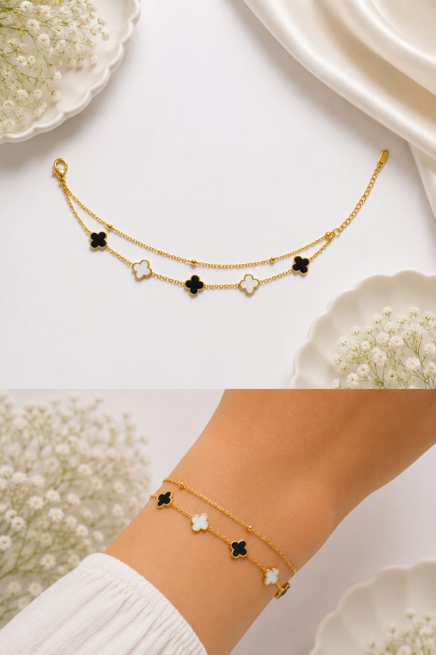 Gold-Plated Anti-Tarnish Black & White Clover Layered Bracelet