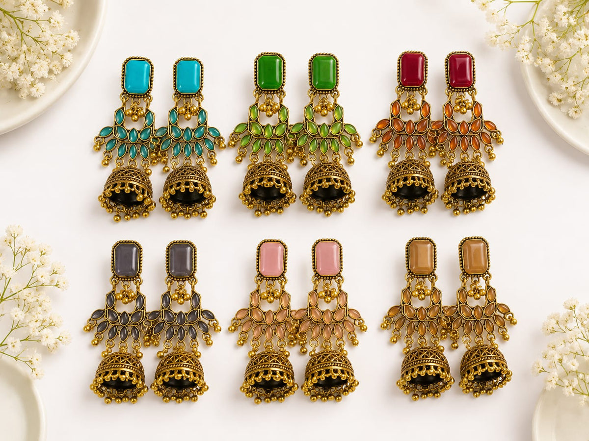 Traditional Antique Gold-Plated Turquoise Stone Jhumka Earrings