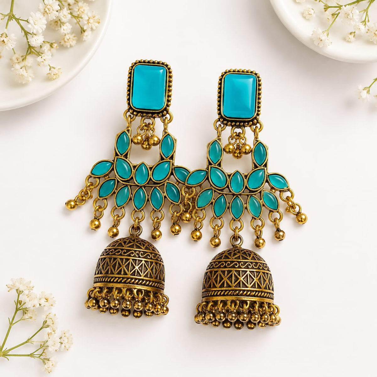 Traditional Antique Gold-Plated Turquoise Stone Jhumka Earrings