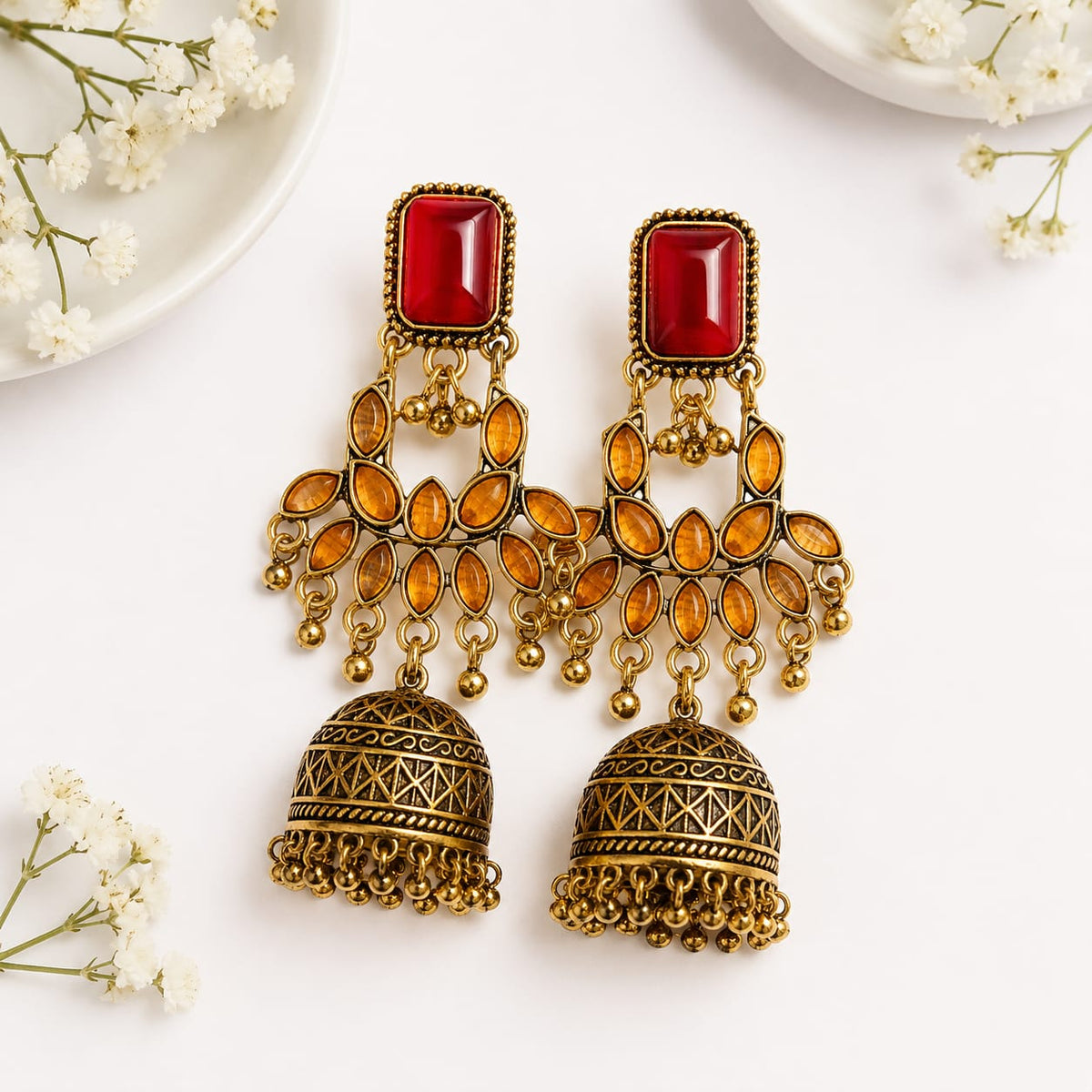 Traditional Antique Gold-Plated Turquoise Stone Jhumka Earrings
