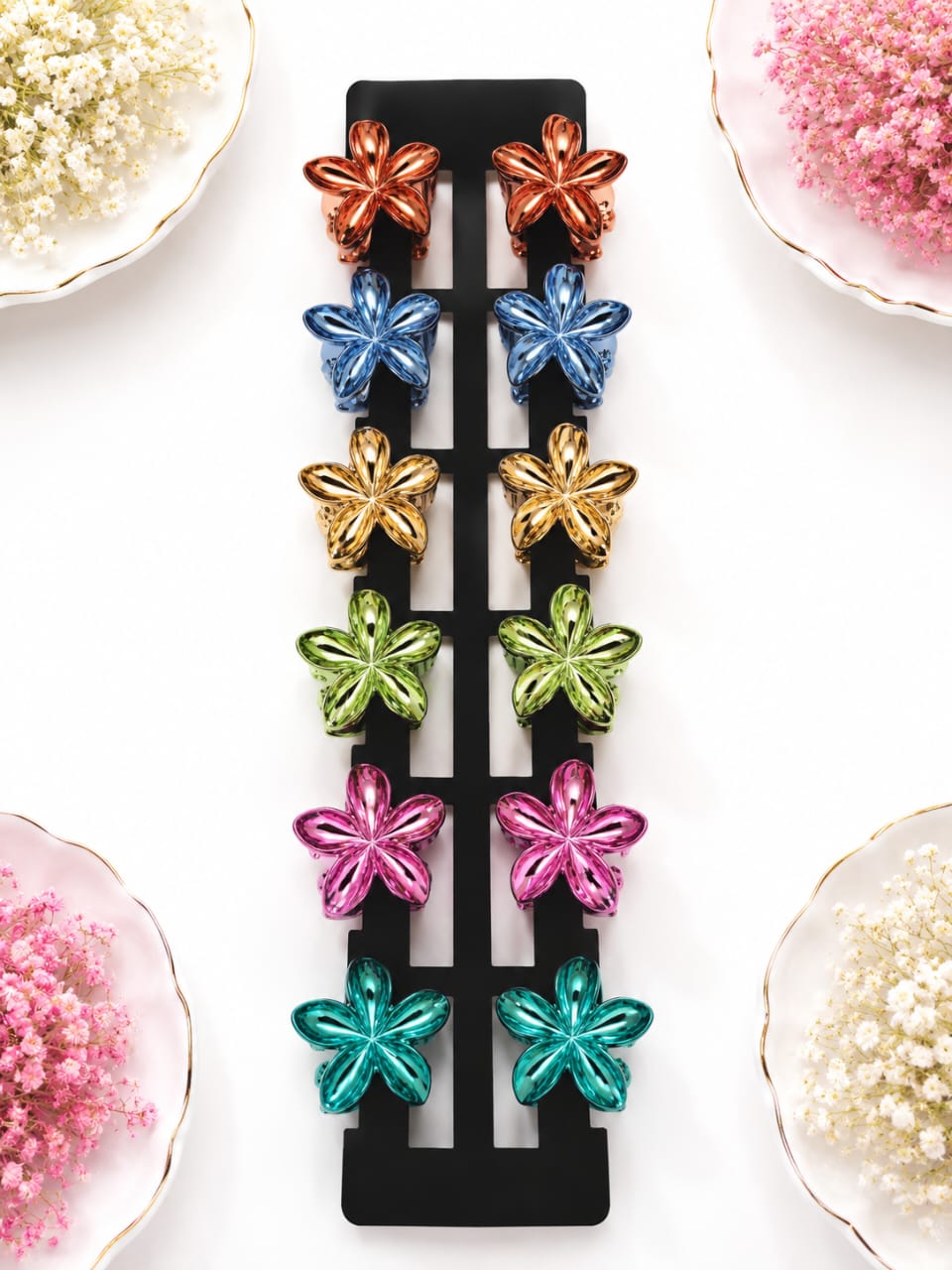 Metallic-Finish Mini Plumeria Flower Hair Claw Clips