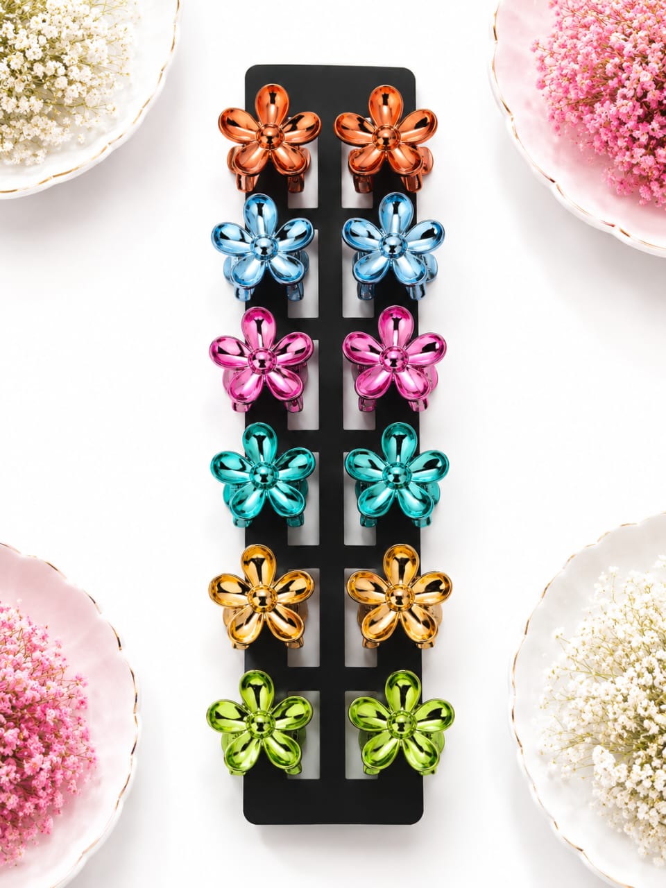 Metallic Rounded 5-Petal Mini Flower Hair Claw Clips