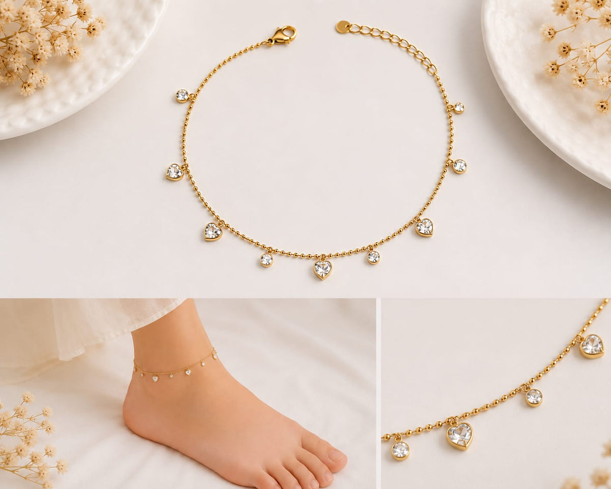 Anti-tarnish Gold Heart Crystal Droplet Charm Anklet