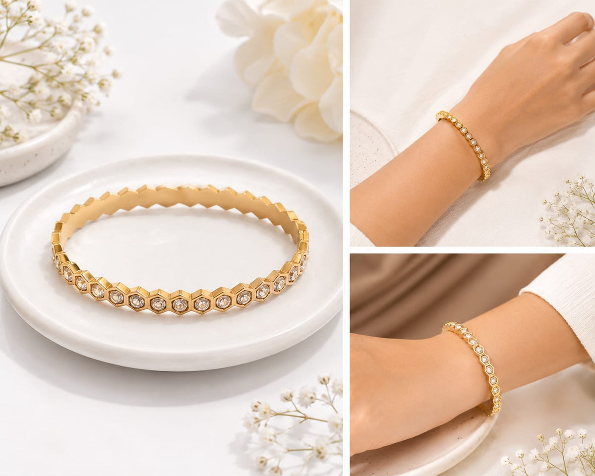 Anti-tarnish Geometric Hexagon Honeycomb Bangle Bracelet