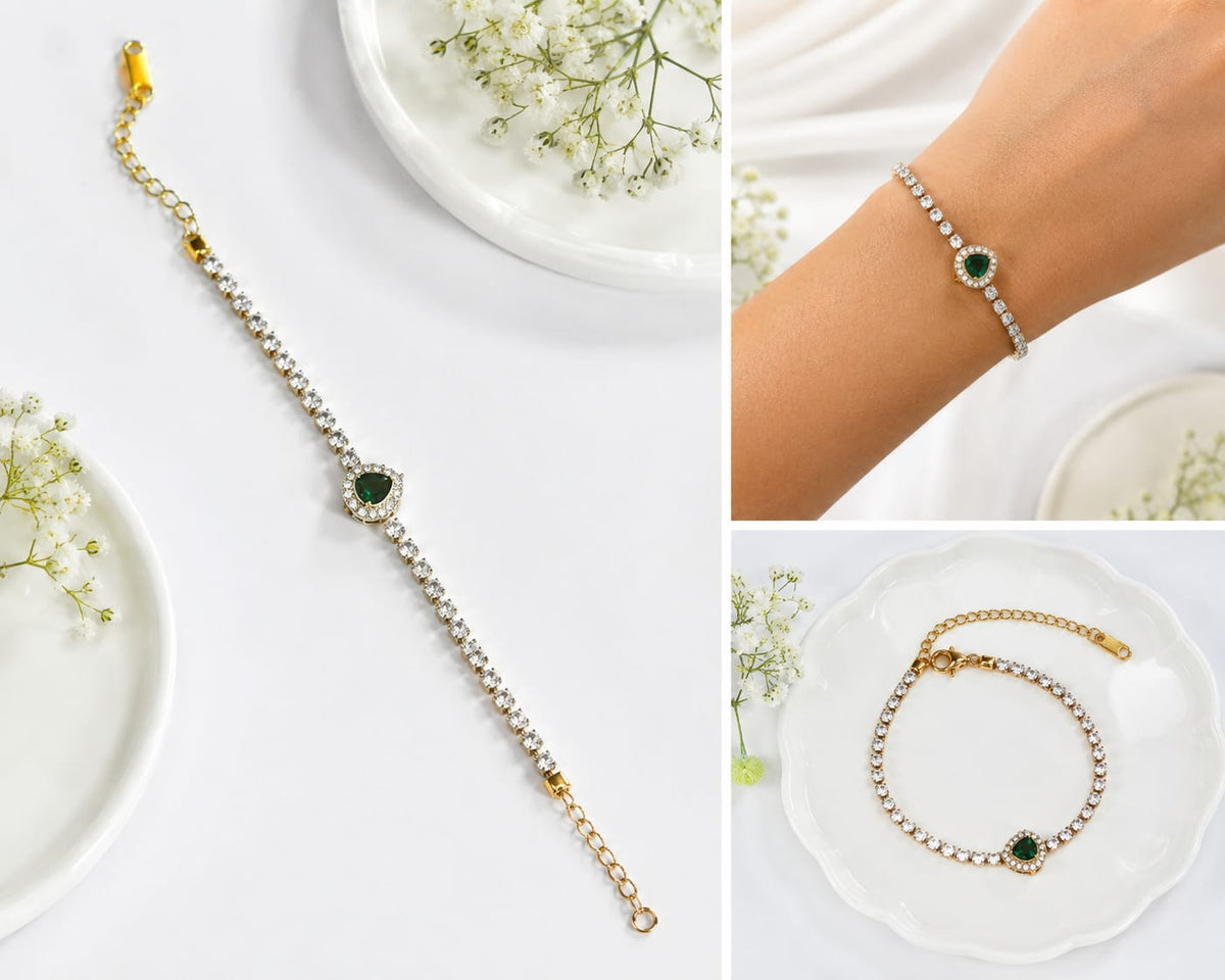 Anti-tarnish Green Heart Tennis Bracelet