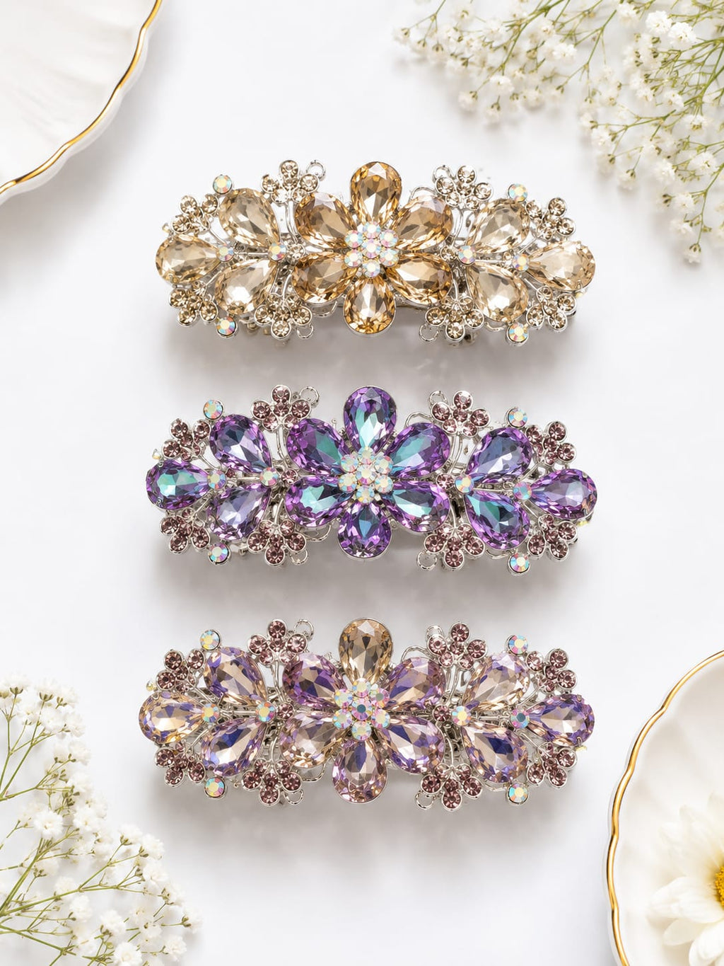 Vintage Floral Rhinestone Hair Barrettes