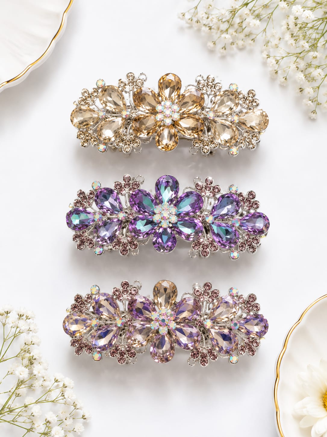 Vintage Floral Rhinestone Hair Barrettes