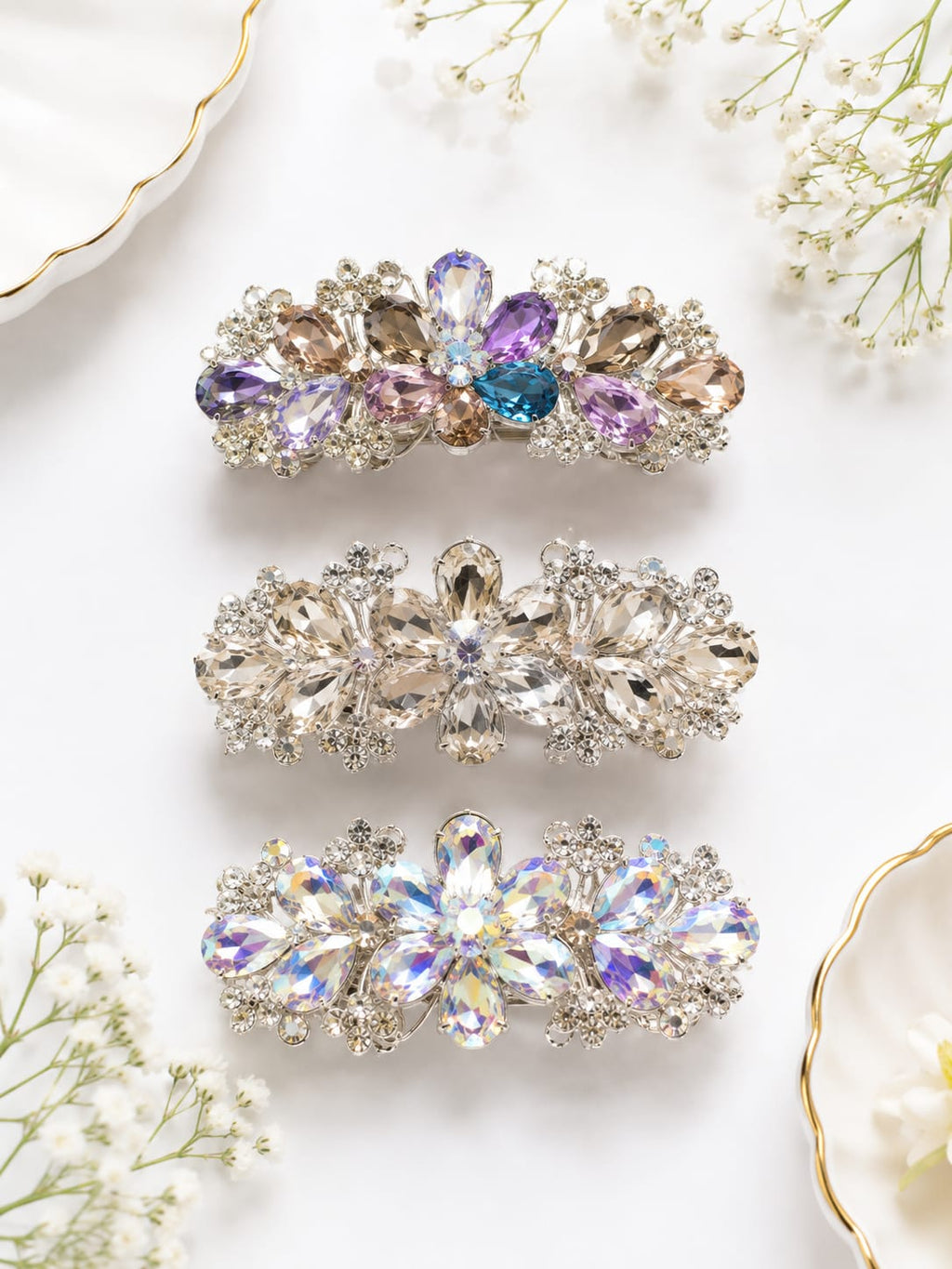 Vintage Floral Rhinestone Hair Barrettes