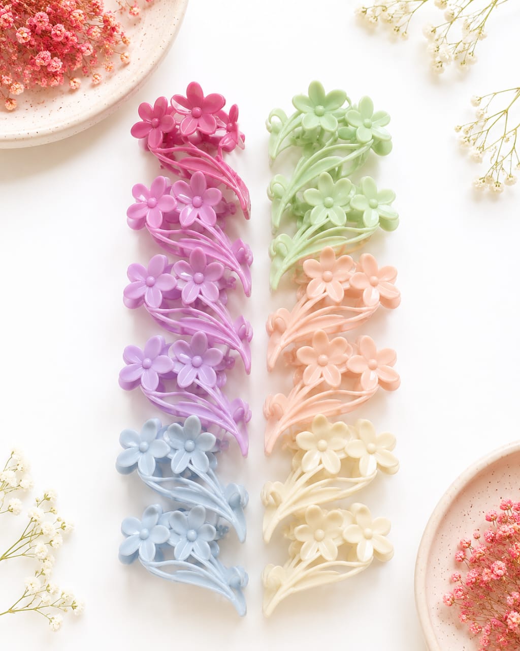 Glossy Triple-Flower Leaf Stem Hair Claw Clips - Medium