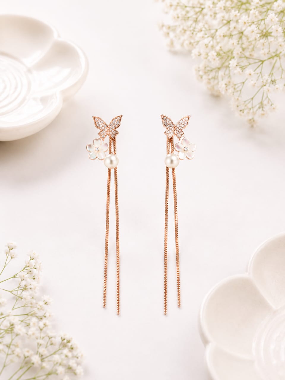Anti-tarnish Butterfly Pearl Chain Earrings