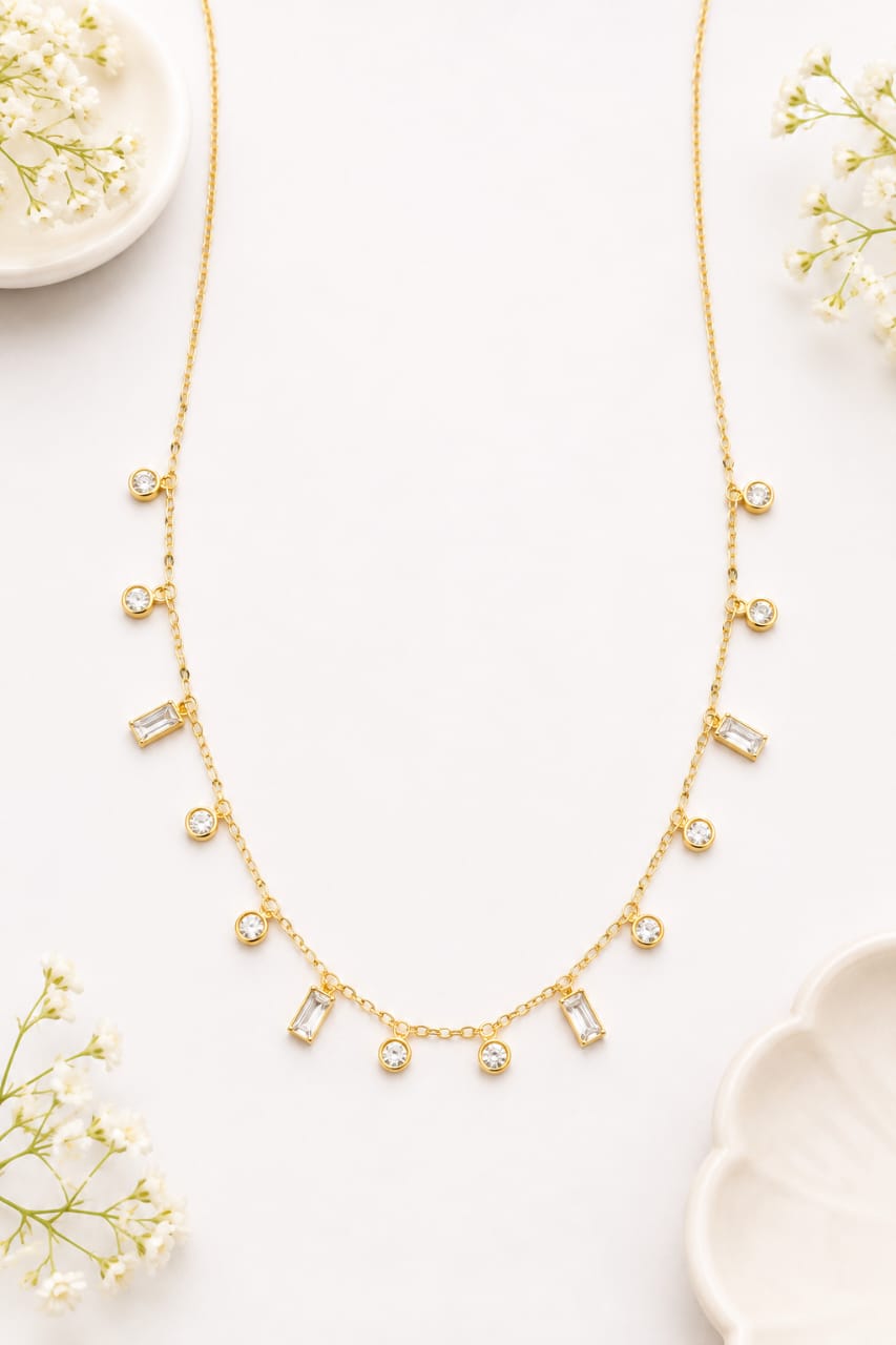 White CZ Charm Drop Station Necklace