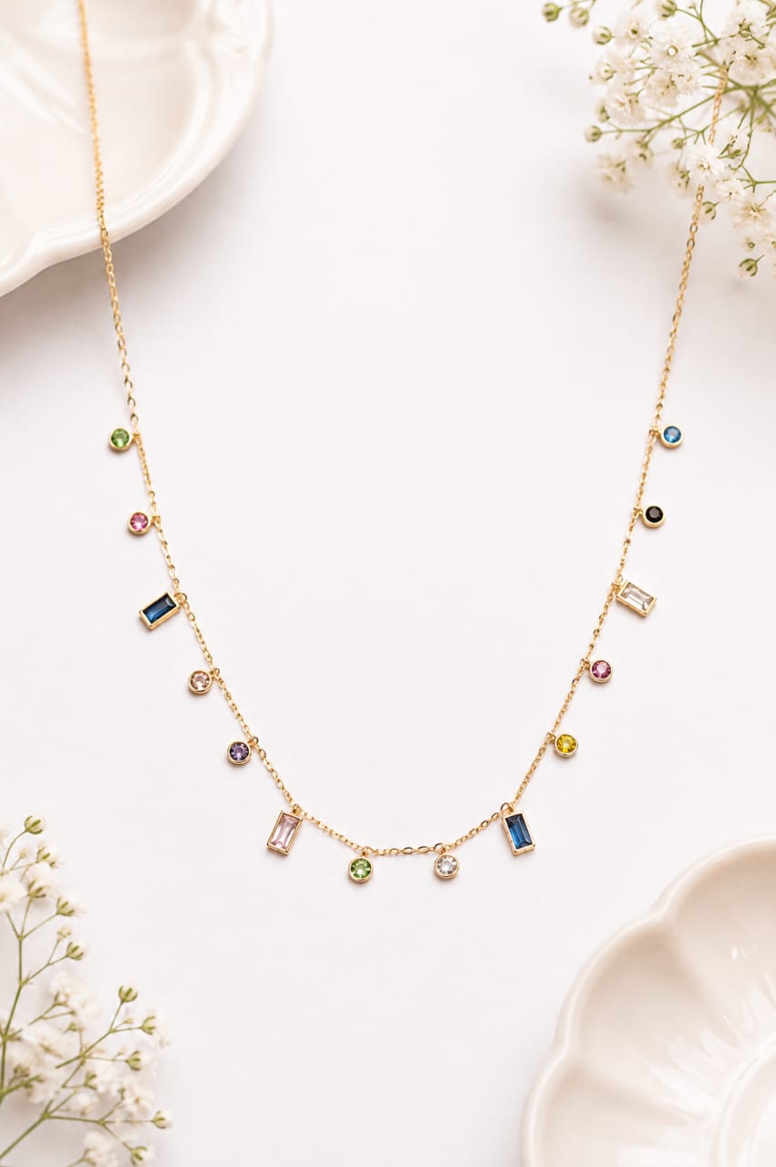 Multicolour CZ Charm Drop Station Necklace