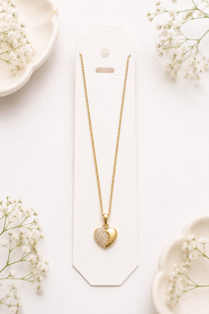 Anti-tarnish Gold Half-Pave Heart Pendant Necklace