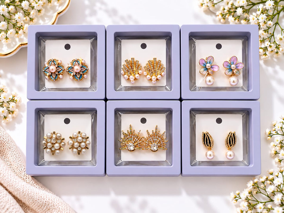 Korean-Style Floral Earrings Set - Gold Combo