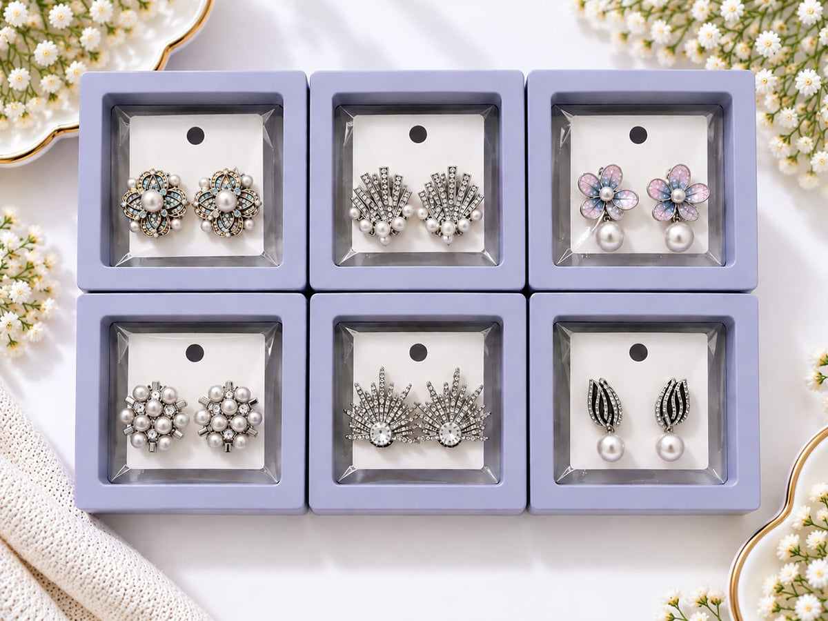 Korean-Style Floral Earrings Set - Silver Combo