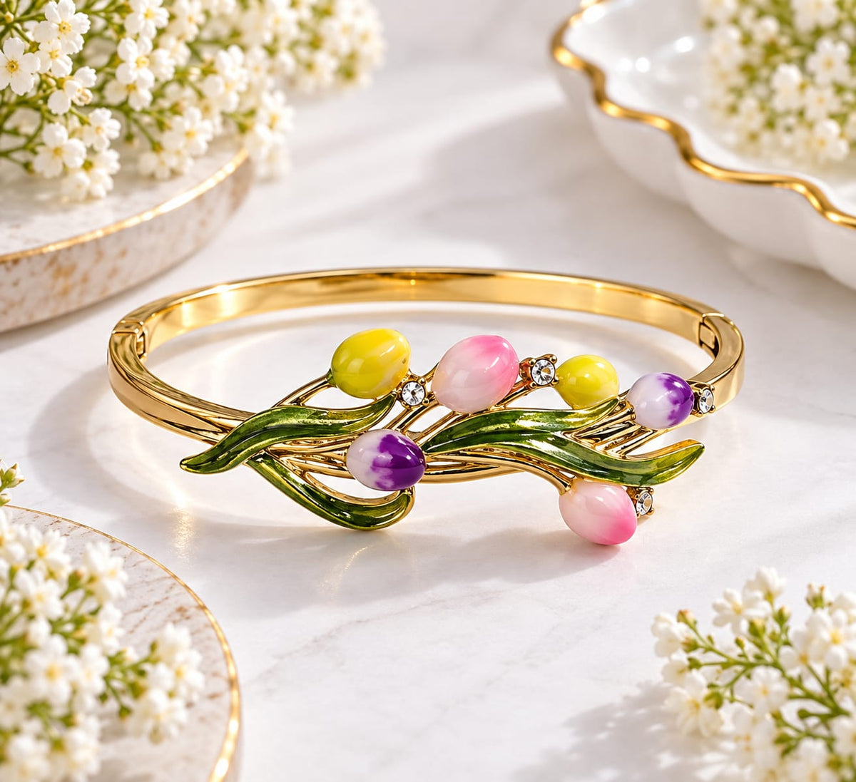 Gold-Plated Multi-Colored Tulip Enamel Bracelet