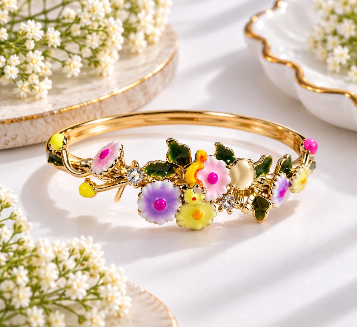 Gold-Plated Multi-Colored Enamel Floral Bracelet