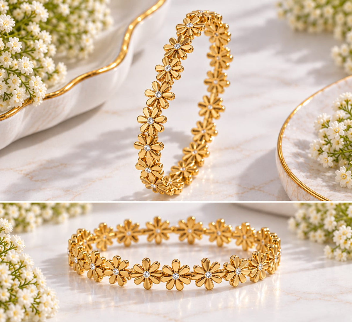 Gold-Plated Daisy Floral Eternity Bangle