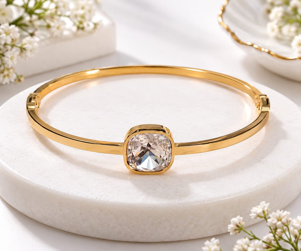 Gold-Plated Cushion-Cut Clear Crystal Solitaire Bangle Bracelet