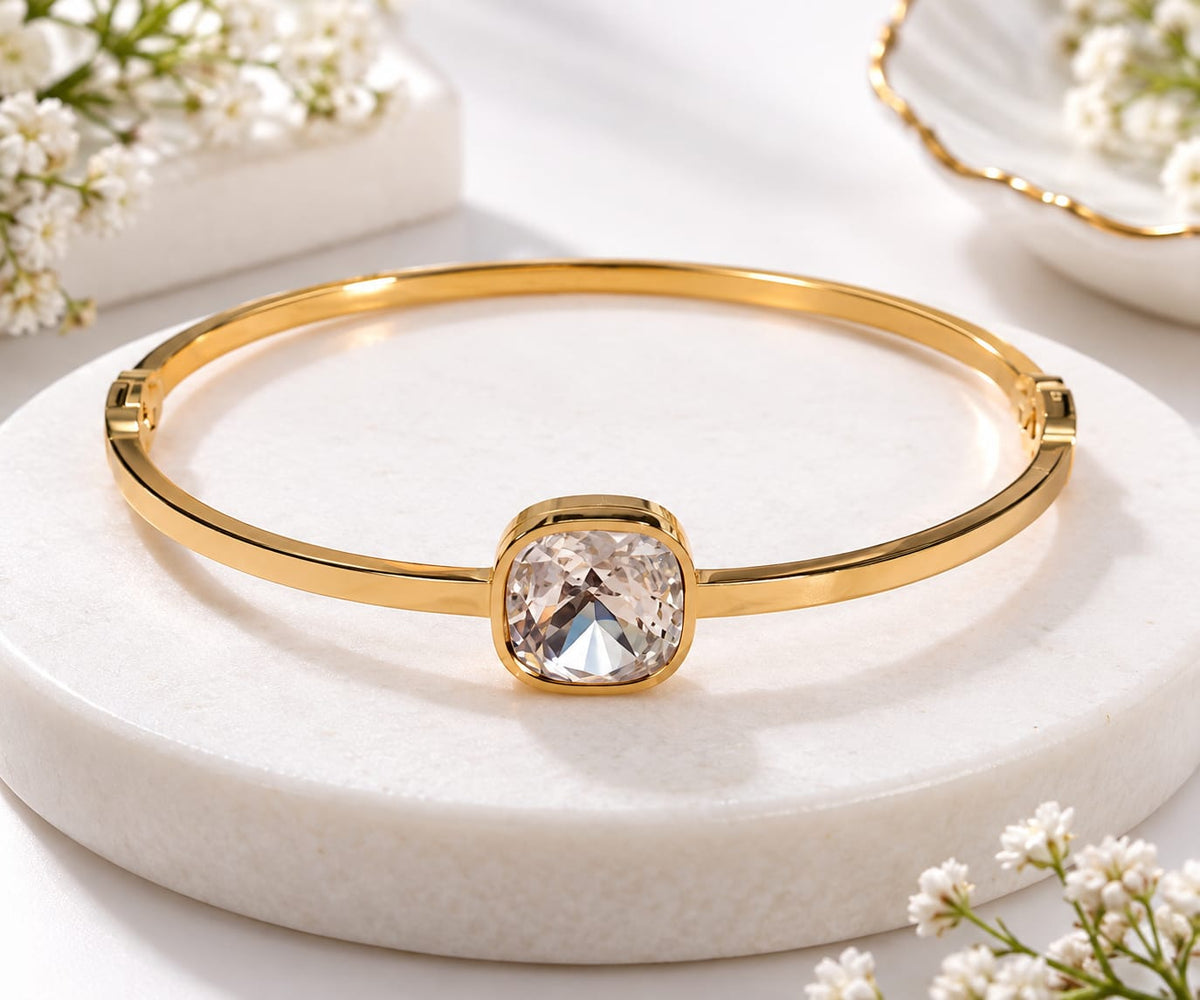 Gold-Plated Cushion-Cut Clear Crystal Solitaire Bangle Bracelet