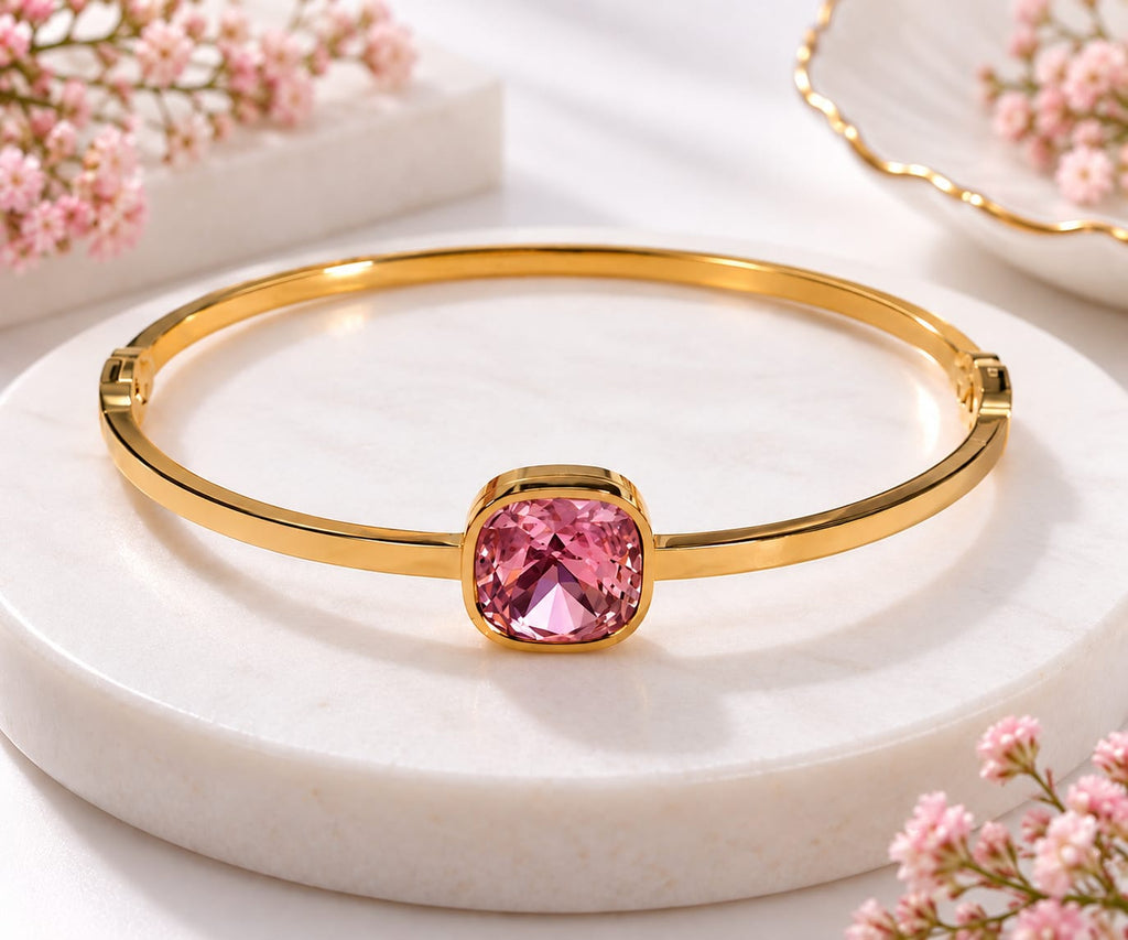 Gold-Plated Cushion-Cut Clear Crystal Solitaire Bangle Bracelet