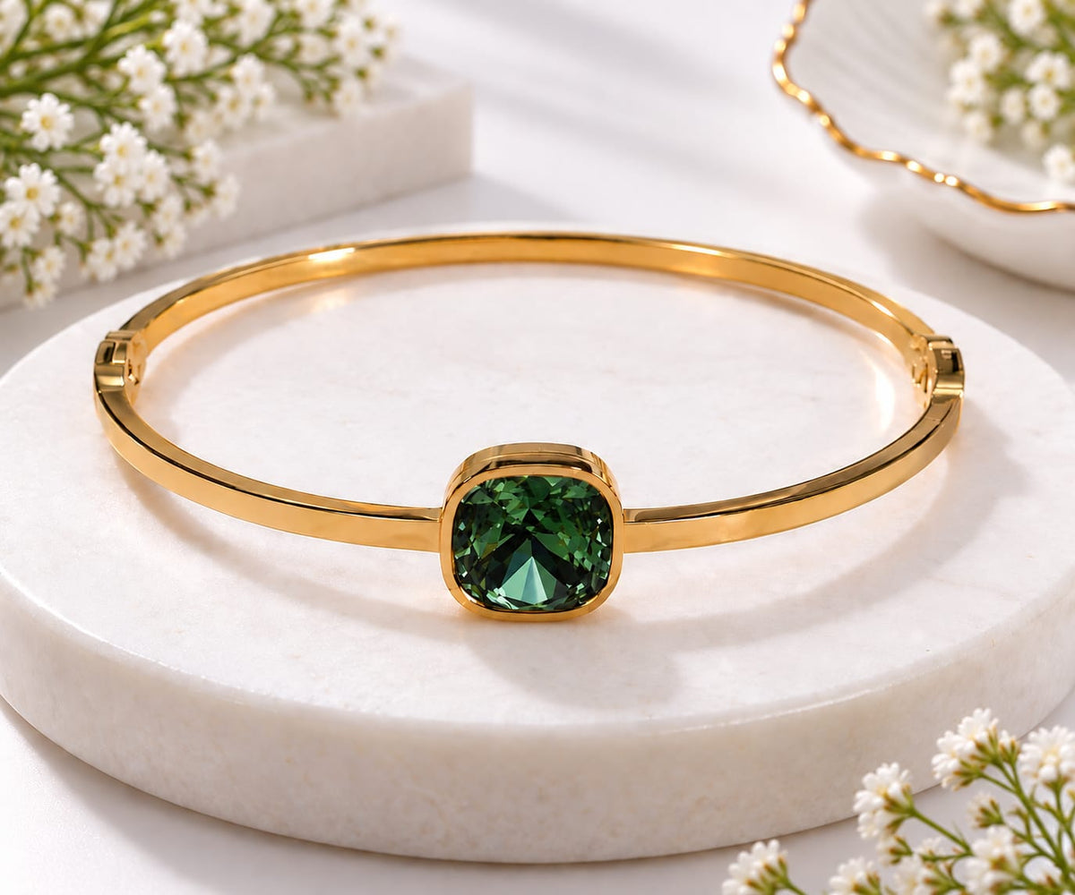 Gold-Plated Cushion-Cut Clear Crystal Solitaire Bangle Bracelet
