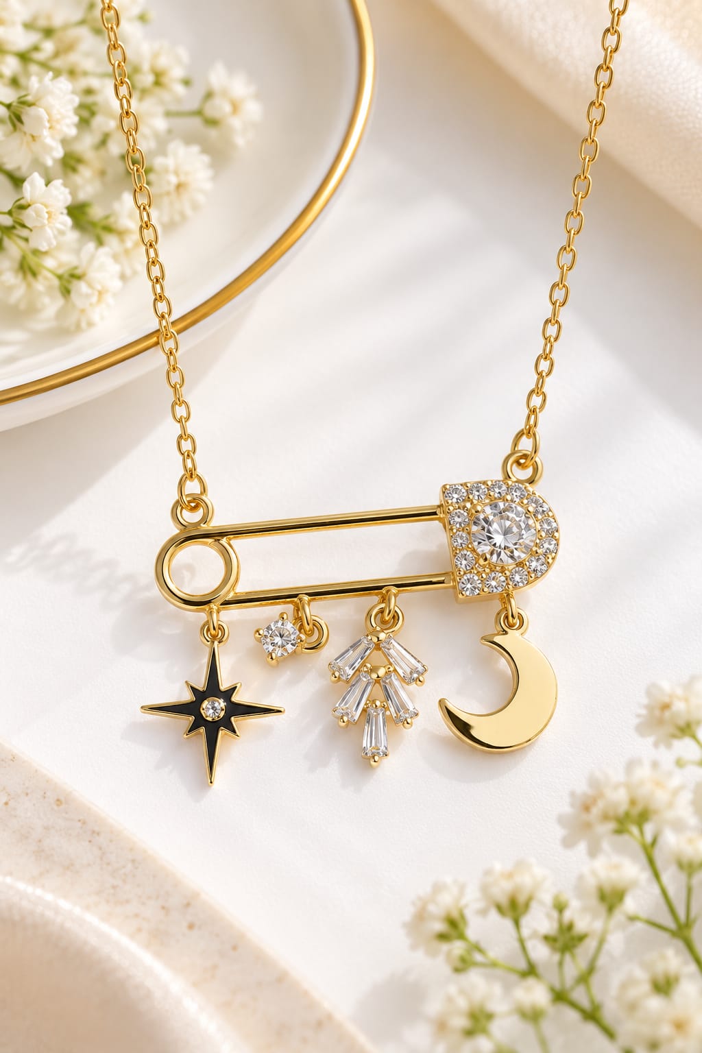 Anti-tarnish Celestial Safety Pin Charm Necklace