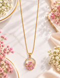 Anti-tarnish Pink Crystal Flower Halo Necklace