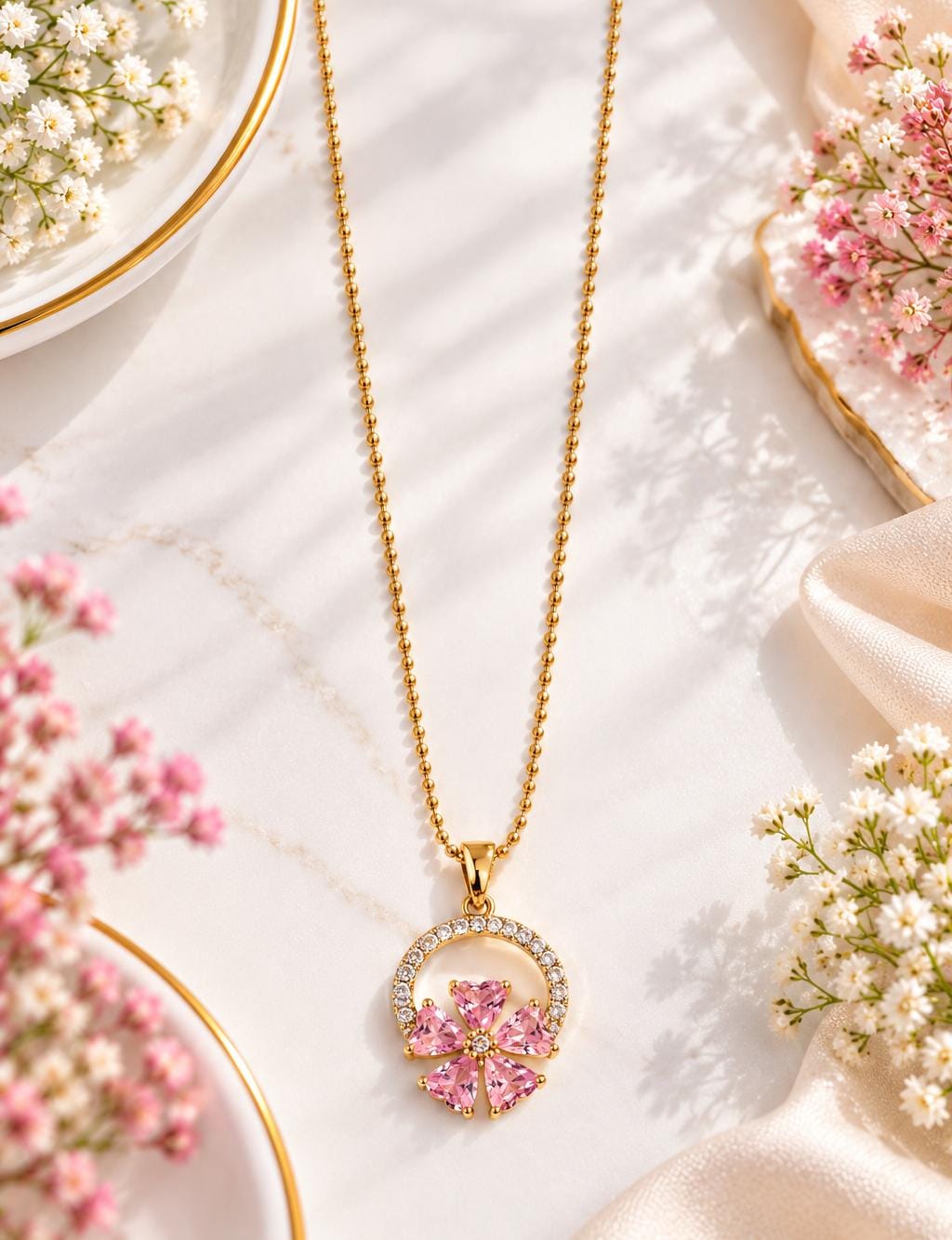Anti-tarnish Pink Crystal Flower Halo Necklace