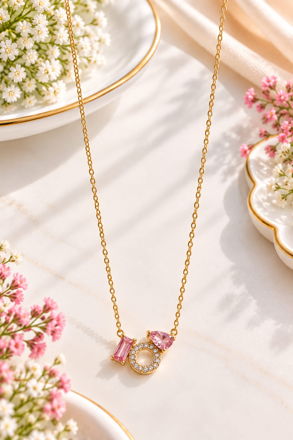 Pink Crystal Halo Pendant Necklace