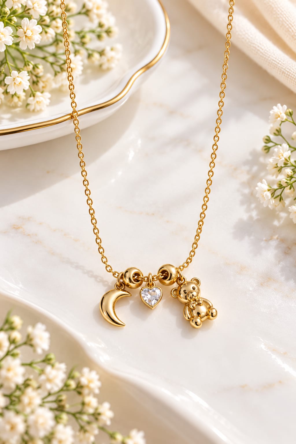 Golden Moon, Heart & Teddy Charm Necklace