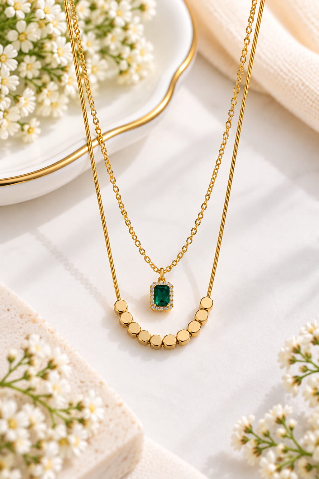 Emerald Halo Double Layered Necklace