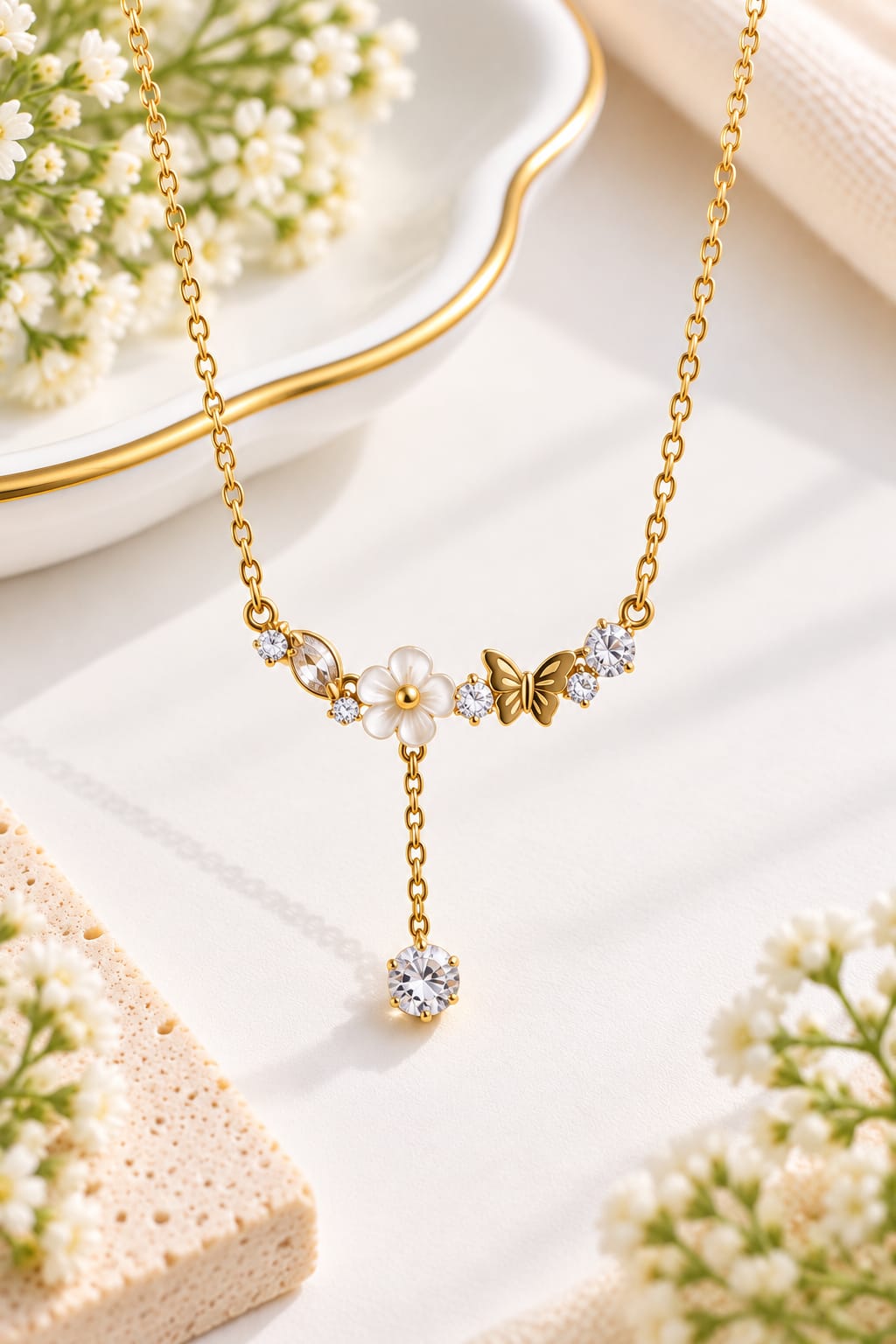 Pearl Flower and Butterfly Drop Necklace