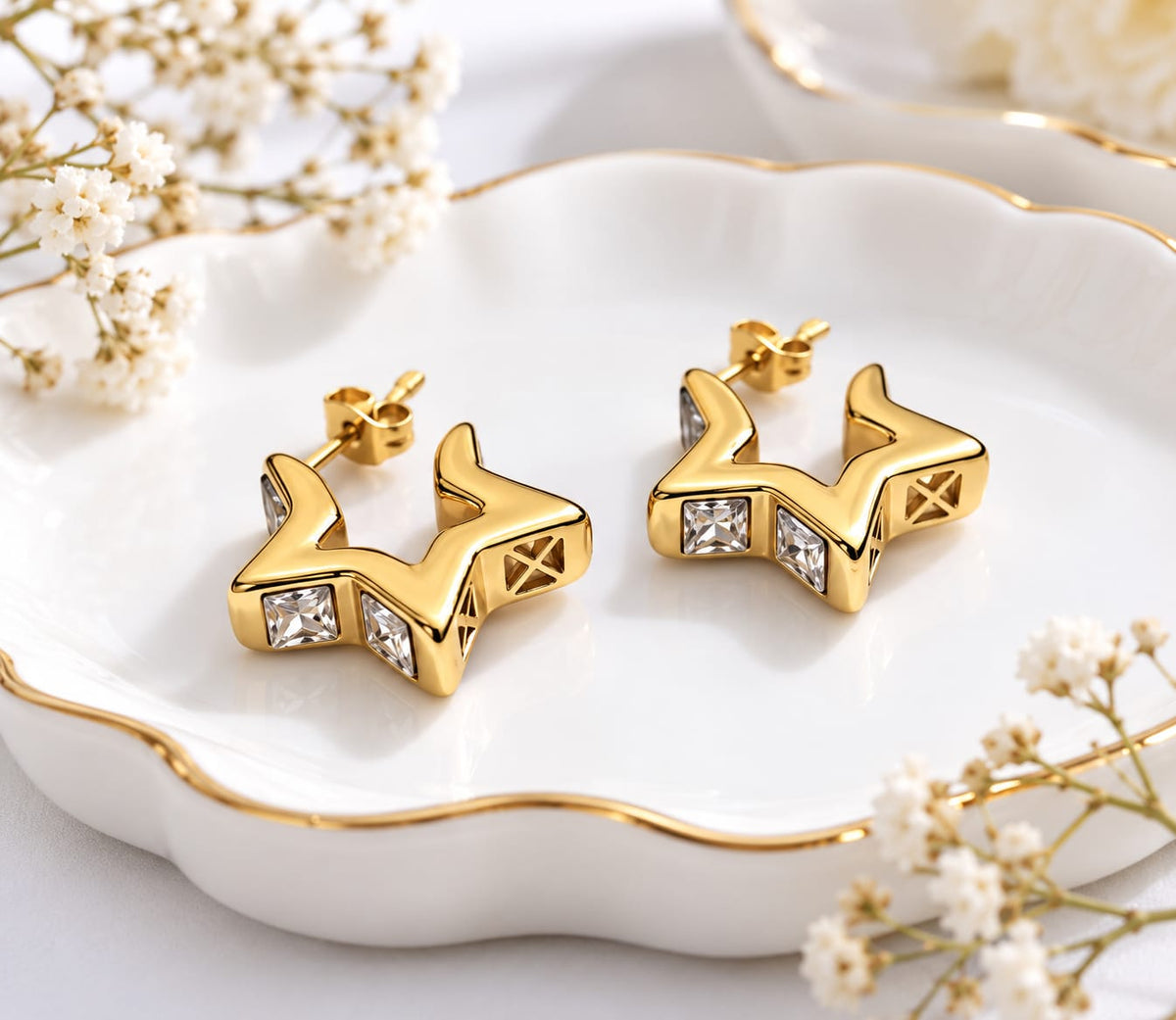 Gold Plated Zircon Star Geometric Hoop Earrings